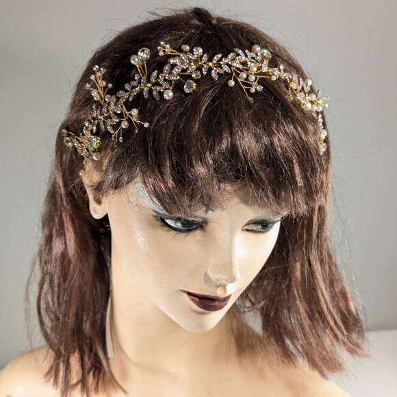 Summer Goddess bridal headband, wedding accessory hairstyle gold pearl crystals - Picture 5 of 11